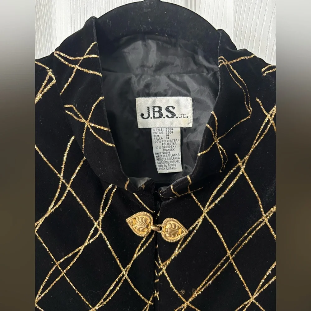 JBS Blazer Jacket 14 Black Velvet Gold Accents Evening Wear NYE Holiday Party